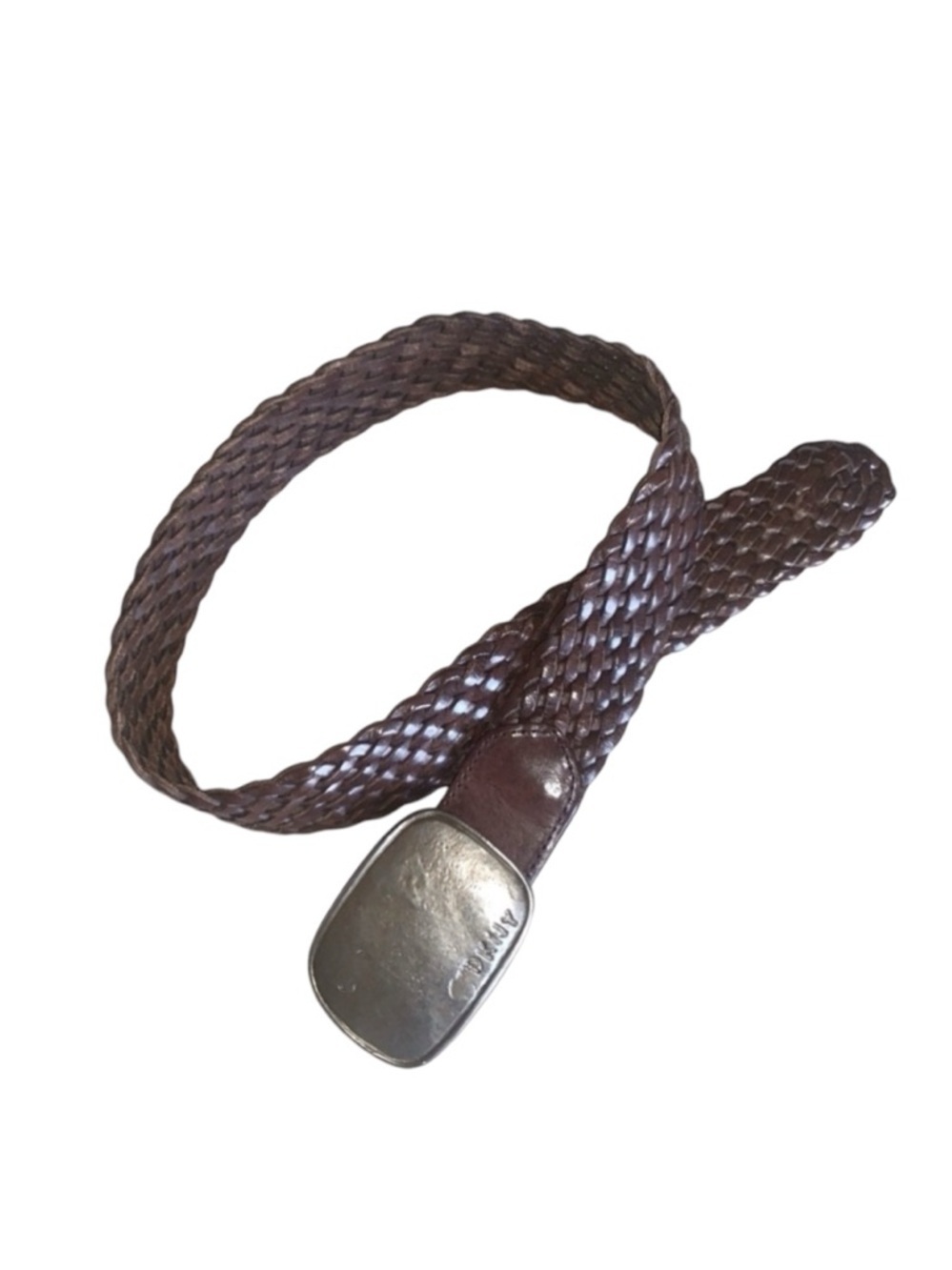 DKNY Epic hand-hammered brass monogramed buckle, Brown woven leather belt. P/S